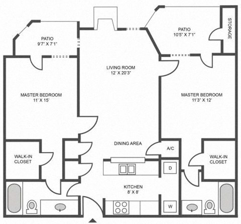 Floor plan for 2 beds, 2 baths, 930 sqft